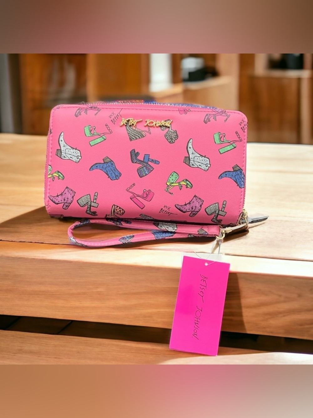 NEW Betsey Johnson Pink Shoe Lover Wallet - Wristlet Cowboy Boot Wedge High Heel